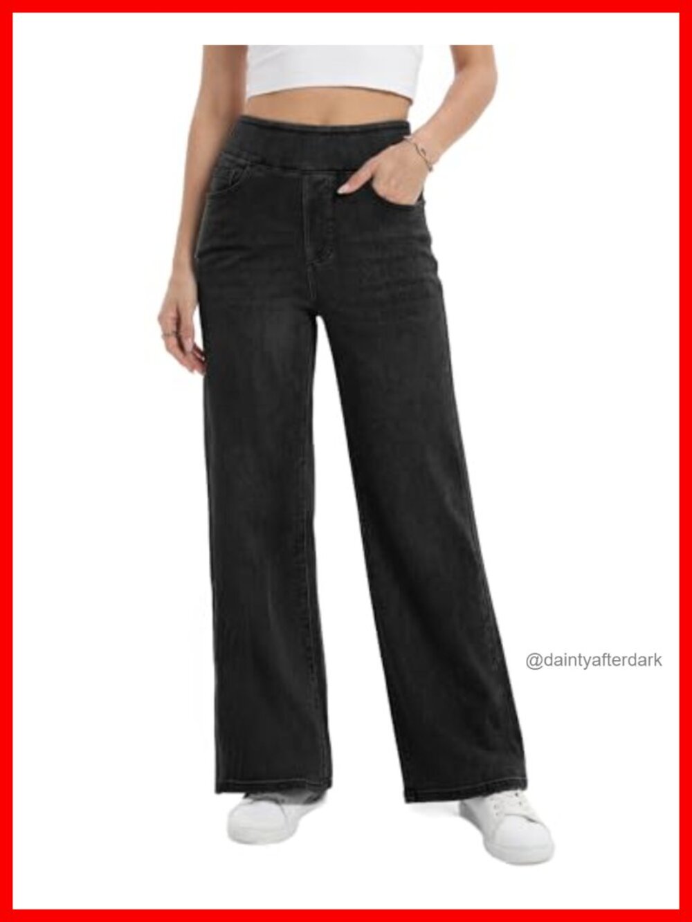 High Rise Wide Leg Pull On Jeans Stretchy Denim Tummy Control